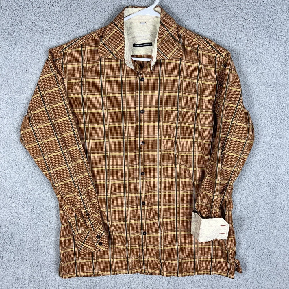 Visconti Uomo Mens Large Orange Brown Plaid Flip Cuff Mercerized L/S Dress Shirt